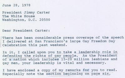 One-page letter petitioning President Carter for action related to the Briggs Initiative Ballot measure in San Francisco. 