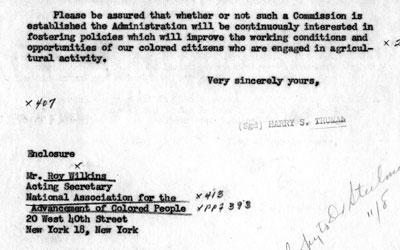 Typed correspondence between President Truman and Roy Wilkins.  
