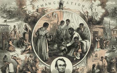 In his 1865 image titled “Emancipation,” Thomas Nast celebrates the emancipation of Southern slaves with the end of the Civil War by contrasting a life of suffering and pain before the conflict with a life of optimism and freedom afterwards. 