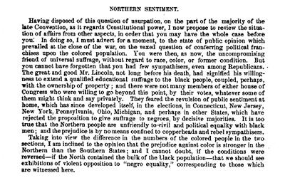In his May 7, 1868 letter to Massachusetts Senator Charles Sumner, Daniel R. Goodloe of North Carolina expressed his belief that on the whole, Northerners were just as opposed to political and social equality for African-Americans as Southerners. He also shared his views on the problems that emerged with the enfranchisement of African-Americans in North Carolina and the rest of the South during Reconstruction.