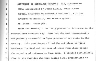 Transcription of testimony by then Governor Robert D. Ray in front of Congress.  