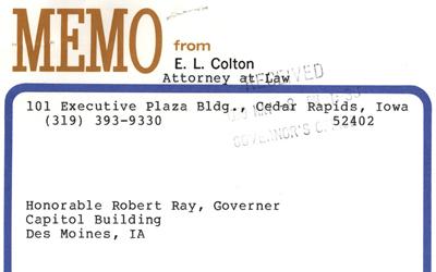 Memo from E.L. Colton to Iowa Governor Robert Ray