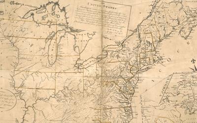The 1784 map of the United States shows that the western border of the country, as determined by the Treaty of Paris, would be the Mississippi River.