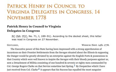 Letter from Patrick Henry to Virginia Delegates in Congress, November 14, 1778