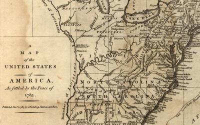This 1783 map shows the boundaries of the United States as settled by the Treaty of Paris after the Revolutionary War.