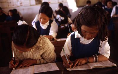 School children at the Paljor Namgyal Girls School in Sikkim, India. 