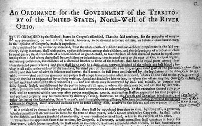 This document is an ordinance passed by the United States Congress in 1787 regarding the settlement of what was known then as the Northwest Territory.