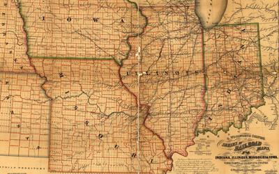Railroad map of the American Midwest.  The map shows Indiana, Illinois, Missouri and Iowa.