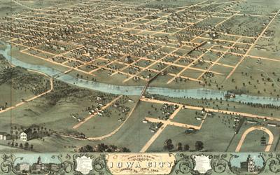Hand drawn image of a bird’s eye view of Iowa City, Iowa in Johnston County.  The image is from 1868 and shows the city next to the Iowa River. 