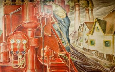 Mural located at the courthouse in Cedar Rapids Iowa depicting the Midwest region’s major industries as American’s moved West.  
