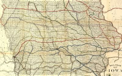 Map from Des Moines, IA showing several rail lines that cover the entire states. 