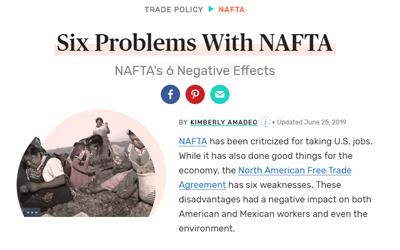 Online article from The Balance about the disadvantages of NAFTA for both the U.S. and Mexico.