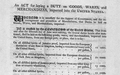 Chart from 1789 showing the tax rates on some common imports into the United States.