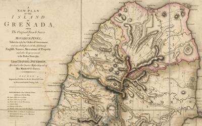 The map shows the island of Grenada and the new plan for it from the English.  Originally a colony of France, the document indicates that the island was taken by the English in 1763.  It shows a plan for growing various commodities on the island.