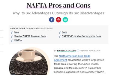 In the document “NAFTA’s Pros and Cons: Why Its Six Advantages Outweigh Its Six Disadvantages,” the author presents pros & cons.