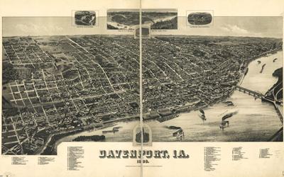 A hand-drawn, not-to-scale, bird’s eye view map of Davenport, Iowa.