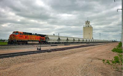 Double engine train with seemingly endless row of hopper cars behind them.