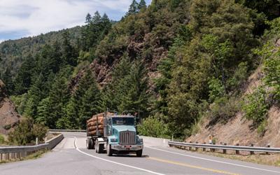 Truck and flatbed trailer piled high with logs seen driving on two-lane highway in scenic, forested area.