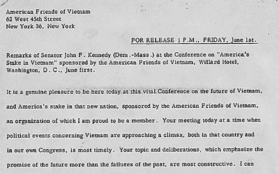 Typed speech given by then Senator John F.  Kennedy prior to his election regarding Vietnam.