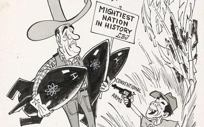 The political cartoon is a black and white image of LBJ and a Vietnamese soldier.
