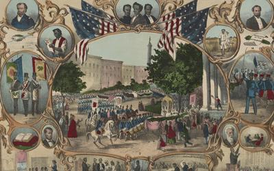 Print shows a parade surrounded by portraits and vignettes of Black life, illustrating rights granted by the 15th amendment.