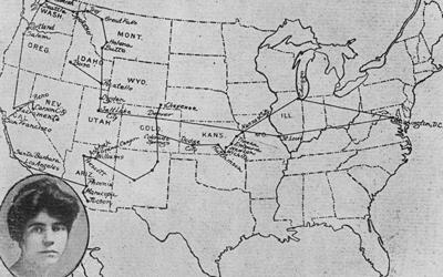 Map of the United States showing tour of Congressional Union for Woman Suffrage. Image of Alice Paul in lower left-hand corner. Captioned "Call to Women Voters to Assemble in Chicago June 5, 6, 7 to Launch A National Woman's Party."  Route shows many stops along a multi-state tour.  The majority of the stops are in the states in the West.