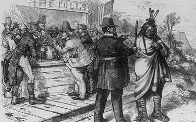 In this political cartoon appearing in Harpers Weekly on April 22, 1871, a policeman is seen ordering a Native man to "move on" away from a voting polls around which are clustered stereotyped "naturalized" Americans.
