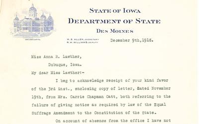 Iowa Secretary of State W. S. Allen writes to Miss Anna Lawther to apologize for not publishing the proposed suffrage amendment