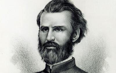 Pencil or charcoal drawn bust portrait of Governor William M. Stone.  Stone appears formal and intense, dressed in uniform, with full beard and wavy hair.
