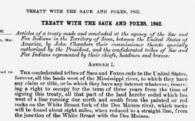n this treaty, Chief Poweshiek signed over rights to Sac and Fox land in Iowa, and nearly all Native Americans relocated to Kansas.