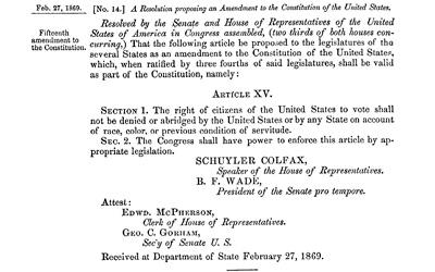 15th Amendment to the U.S. Constitution, February 27, 1869