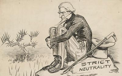 The source is a political cartoon with a message about America’s stance on neutrality.   