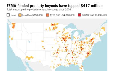 FEMA buyout information, analyzed and published by NPR in 2014, detailing the amount of money spend by FEMA since 2003 and the 10 largest buyouts in United States History, where Iowa is number 2 with nearly $37 million dollars in 2008.