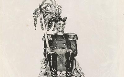 This 1848 political cartoon depicts the Whig Party candidate for president (either Zachary Taylor or Winfield Scott) seated atop a pile of skulls while holding a bloodied sword. 