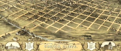 An illustrated map of Council Bluffs in 1868, showing the layout of the city along the Mosquito River down to the Missouri River and including the railroad lines running through the city, east to west as well as south.