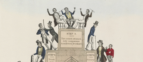 Print shows an archway of the nine steps of a drunkard's progress, beginning with a man in fancy dress having "a glass with a friend" and then his gradual decline in society with poverty & disease