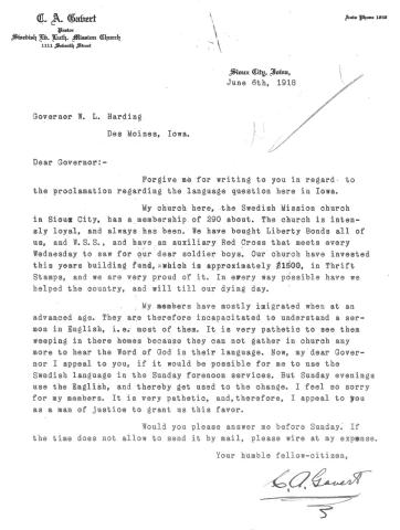 Letter from Pastor C.A. Gabert to Iowa Governor W.L. Harding asking for permission to conduct church services in Swedish.