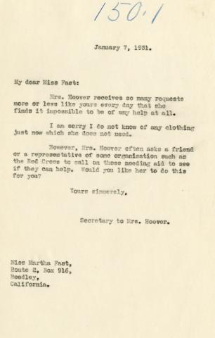 Response from First Lady Lou Henry Hoover's Secretary's Response to Martha Fast, January 7, 1931