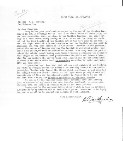 Letter from Synod Lutheran church to Iowa Gov. William Harding in 1918.