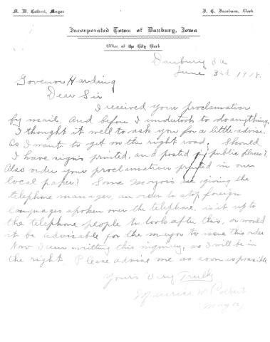 A letter from Maurice Colbert, mayor of Danbury, Iowa, to Gov. Harding asking for advice in implementing Babel Proclamation.