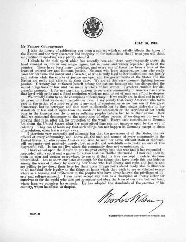 Letter from President Woodrow Wilson calling for the enforcement of law.