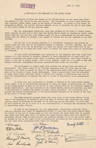 Petition from Leo Szilard and Other Scientists to President Harry S. Truman
