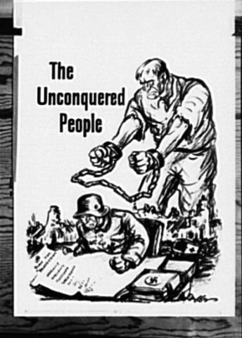 Image of the front cover of a brochure from the Office of War showing an image of a giant in chains looming over a Nazi soldier. 