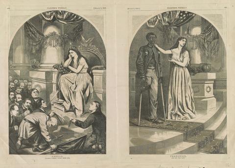 This August 5, 1865 image by Thomas Nast contrasts Confederate politicians and generals begging and pleading for pardons with an African-American Union veteran who lost a leg in service to his country, but does not have the right to vote. Columbia, representing the United States, asks herself, “Shall I trust these men and not this man?”