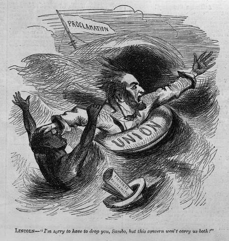 This particular cartoon shows Abraham Lincoln, in a life preserver labeled "Union", on a storm tossed sea, pushing away an African American man who had been clinging to him. Next to them floats a hat with papers labeled "Fremonts proclamation" and in the background is the mast of a ship flying a "Proclamation" pennant. 