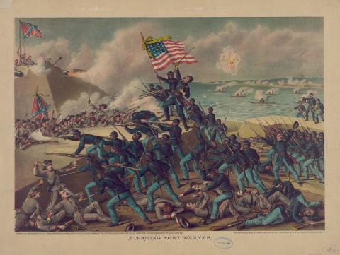 Published July 5, 1890, this colored lithographic print shows the 54th Massachusetts Volunteer Infantry Regiment, led by Colonel Robert Gould Shaw, storming the walls of Fort Wagner on Morris Island, South Carolina and engaging Confederate soldiers in brutal hand-to-hand combat. 