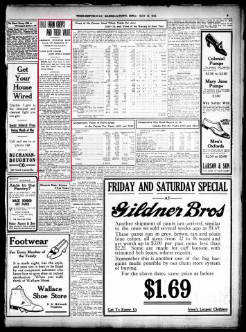 This article contains information about the crops produced in Iowa in 1914 and what their yield and price was per commodity. 