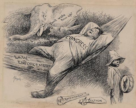 This 1902 political cartoon by  Edward Windsor Kemble depicted Congress as a fat man asleep in a hammock labeled “Law Enforcement” while a broken gun labeled “14th Amendment, 2nd Section” laid below him. A young African-American boy stood nearby holding a drum, but an elephant in the background cautioned, “Don’t wake him up!”