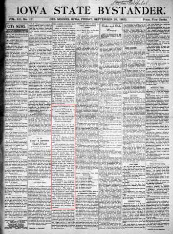 In its September 29, 1905 edition, the Iowa State Bystander  published an article that reported the establishment of a new street automobile line by African-Americans in Nashville, Tennessee. It was created as a way to boycott the city’s Jim Crow streetcar laws that segregated white from African-American passengers.  