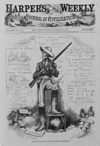 Found on the cover of Harper’s Weekly’s October 18, 1879 edition, Thomas Nast’s image portrayed a skeleton labeled “solid Southern shot gun” at a polling station holding a shotgun with one foot standing atop a glass bowl labeled “Suffrage” and “Liberty.” Surrounding him were dead bodies, including one labeled “Nigger Insurrection.” Behind the skeleton were messages that mocked the idea of free elections in the South. 